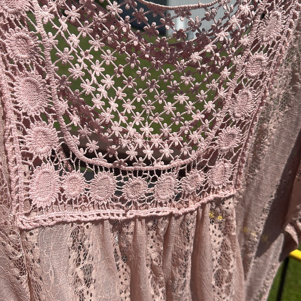 💗Boho PINK Wide open sleeves shoulder to waist Lace Top. Lightweight Embellish - Picture 7 of 7